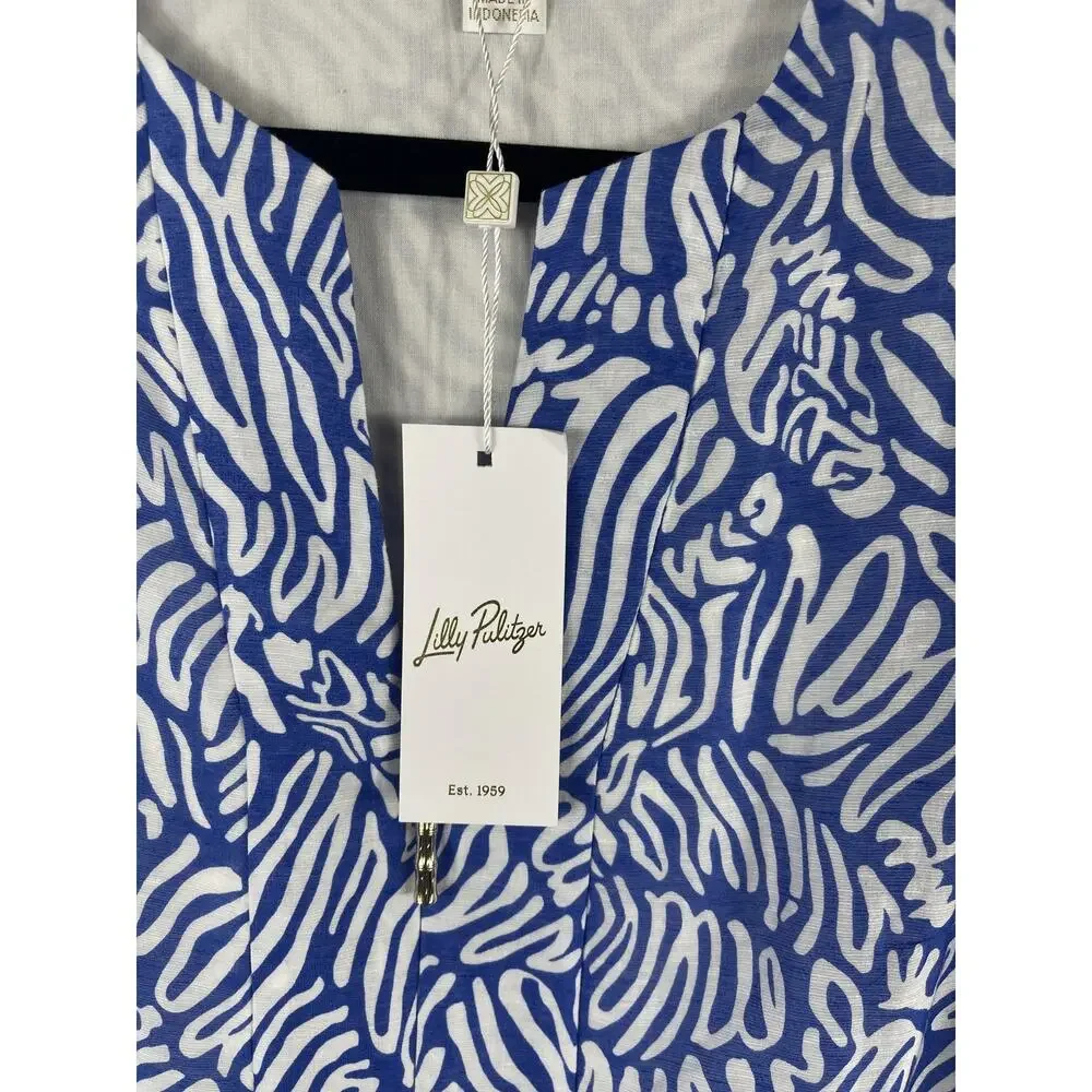 Lilly Pulitzer Laurilee Blouse Womens 6 Blue Animal Print Long Sleeve Zip Top - Picture 4 of 10